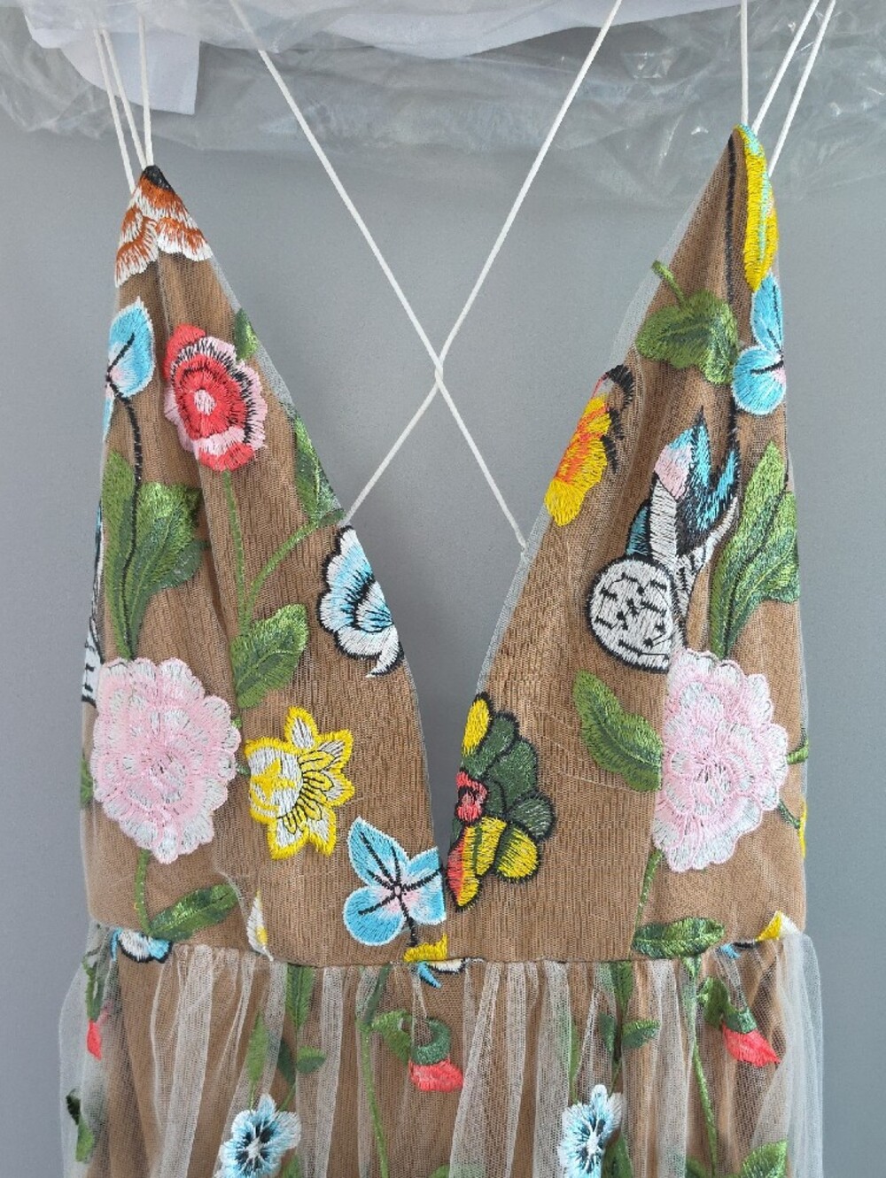 Embroidered Floral Sheer Maxi Dress in Tan with Multicolor Blooms - Picture 8 of 11
